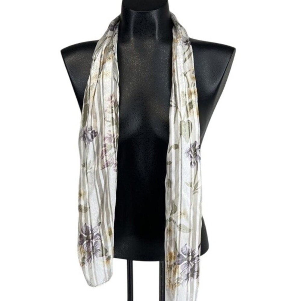 Liz Claiborne Women Floral Striped Oblong Scarf Cream Gold Purple Sheer Metallic